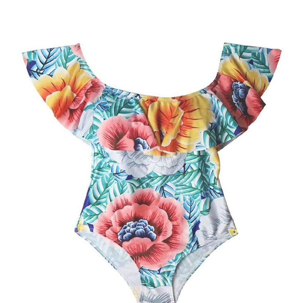 Floral Palm Print Off Shoulder One Piece - Picture 5 of 6